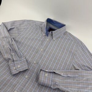 James Tattersall London Mens Plaid Button Down Shirt Blue Brown Cotton Size M